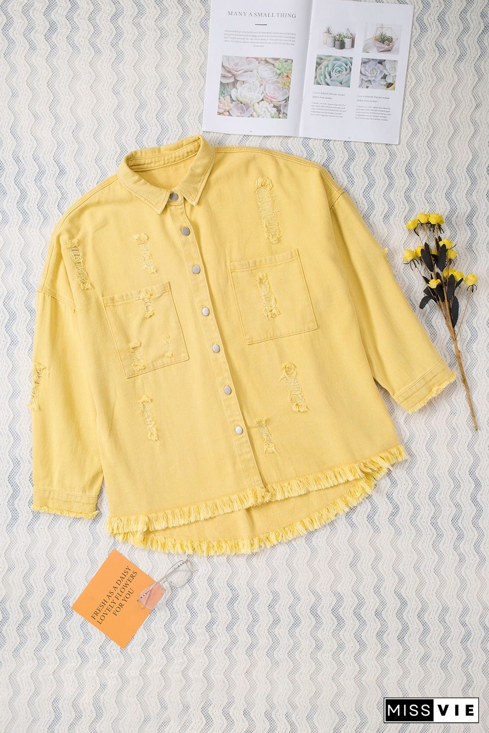 Yellow Distressed Fringe Trim Denim Jacket