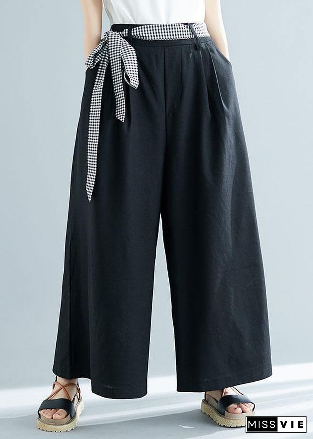 black cotton blended wide leg pants tie waist casual trousers