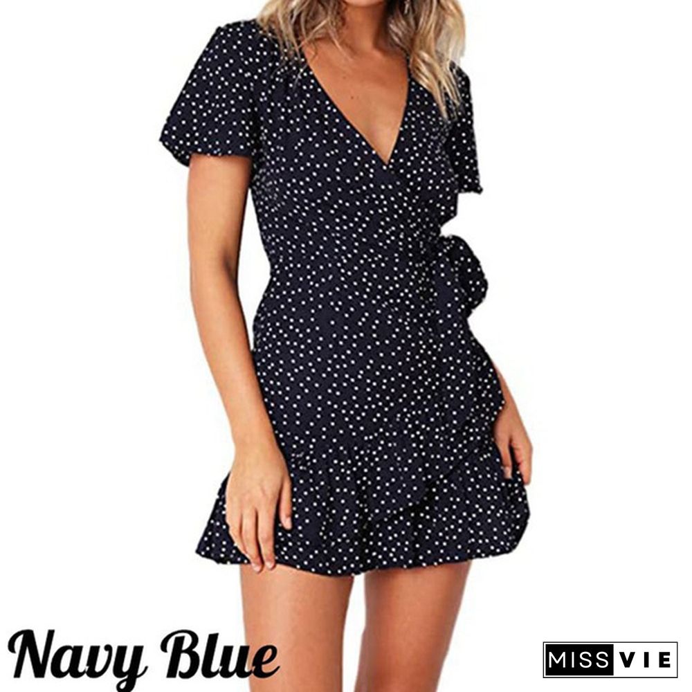 Women's Summer Short Sleeve Print Dress Wrap V Neck Polka Dot Print Ruffle Short Sleeve Mini Floral Dress Casual Short Dresses with Belt