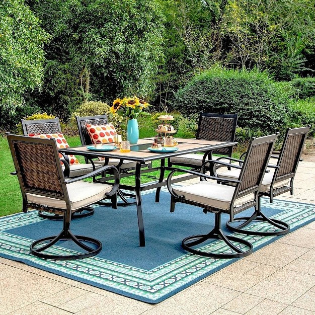 7pc Patio Dining Set With 360 Swivel Chairs With Cushions And Rectangle Steel amp Plastic Tabletop Captiva Designs