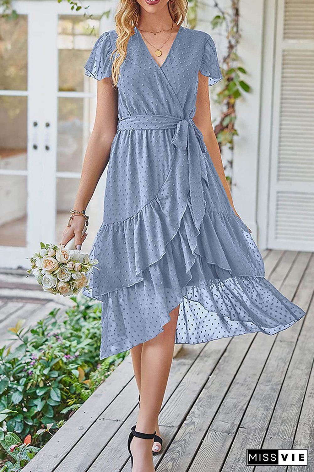 Swiss Dot Ruffle Hem Midi Dress