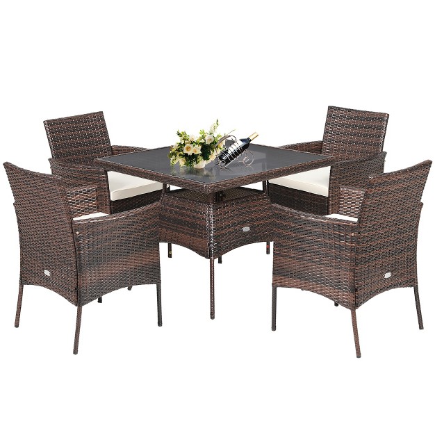 Costway 5pcs Patio Rattan Dining Furniture Set Armrest Sofa Chair Glass Table