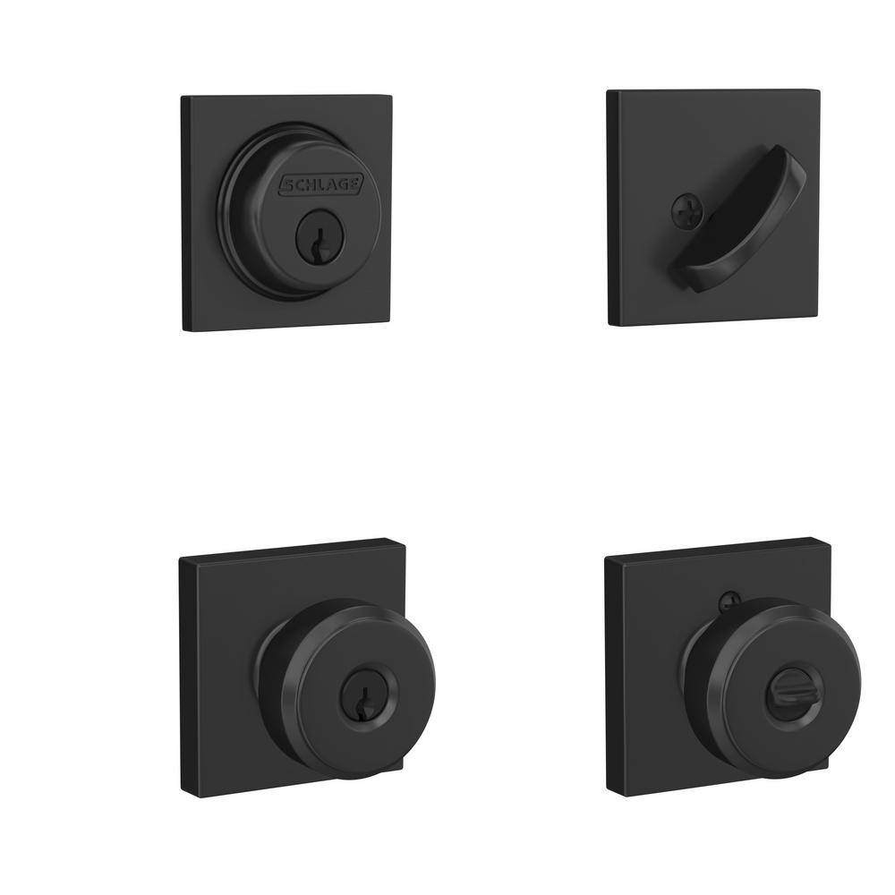 Schlage Bowery Matte Black Single Cylinder Deadbolt and Keyed Entry Door Knob with Collins Trim Combo Pack FB55N G BWE 622 COL