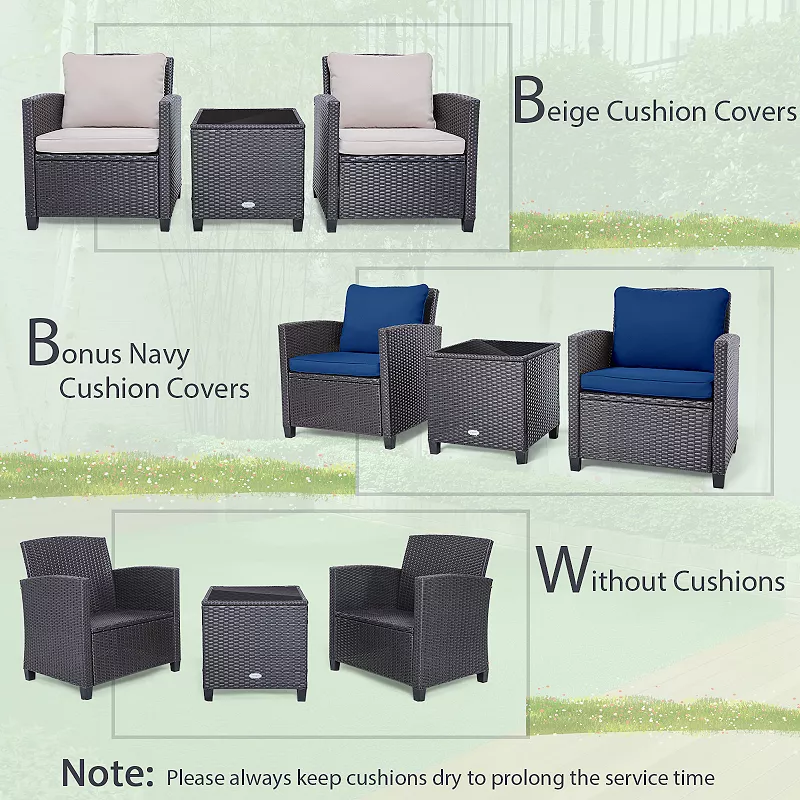 3 Pcs Patio Rattan Furniture Set Cushioned Conversation Set Coffee Table