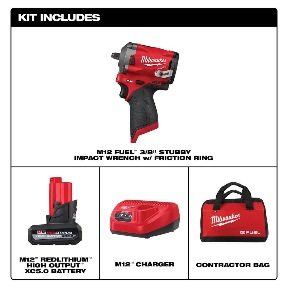 Milwaukee M12 FUEL 12-Volt Lithium-Ion Brushless Cordless Stubby 3/8 in. Impact Wrench Kit with (1) High Output 5.0 Ah Battery 2554-21HO