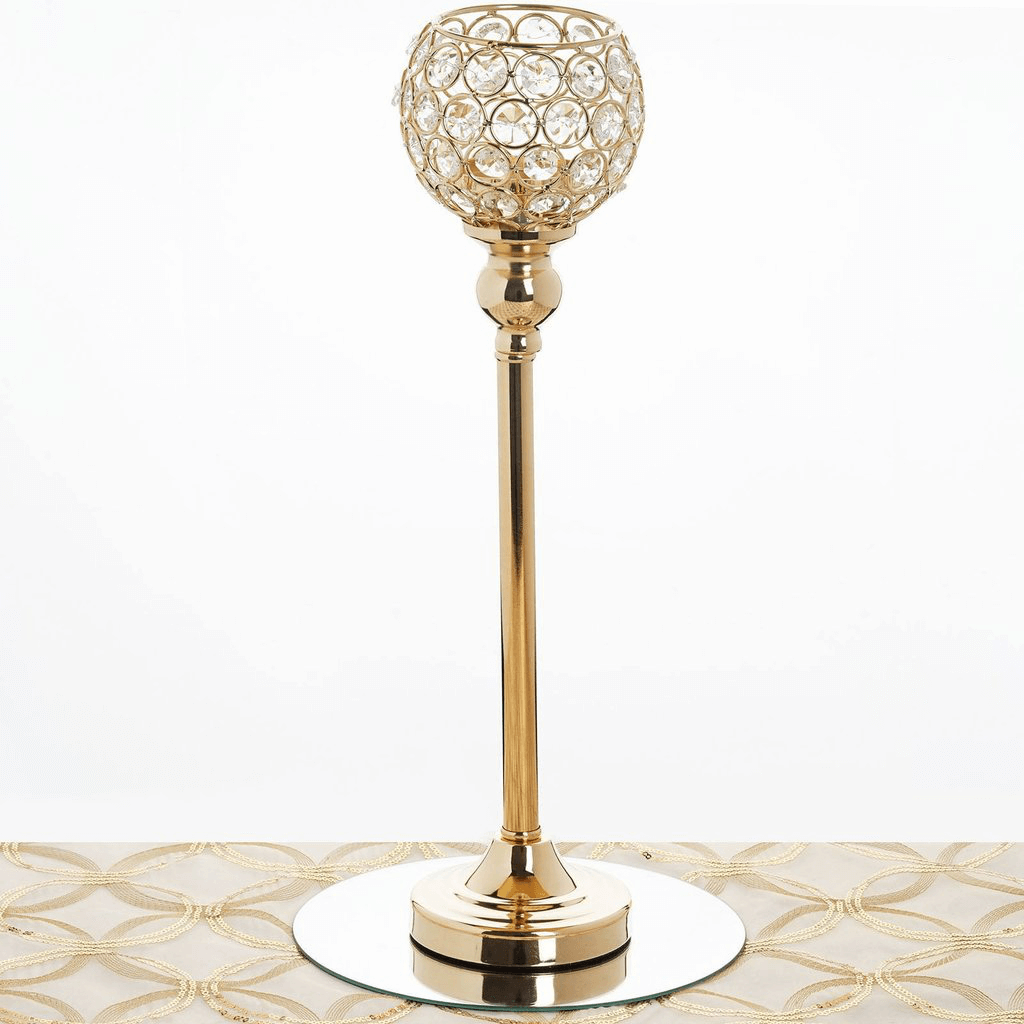 Gold Crystal Votive Pillar Candle Holder, Metal Tealight Round Candle Stand 16