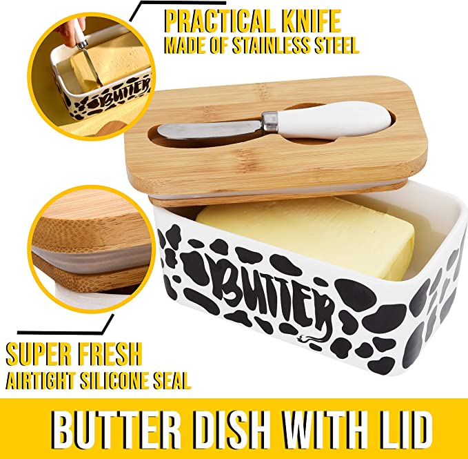 Lumicook Porcelain Butter Dish with Knife fits two sticks of butter(Black )