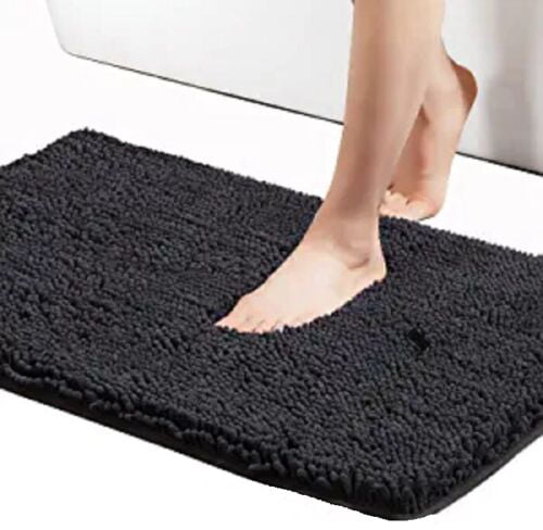 3-Piece Bathroom Rug Set Shiny BLACK Soft Plush， Plain Large Rug ， Contour Mat， and Toilet Lid Cover Rubber Backing