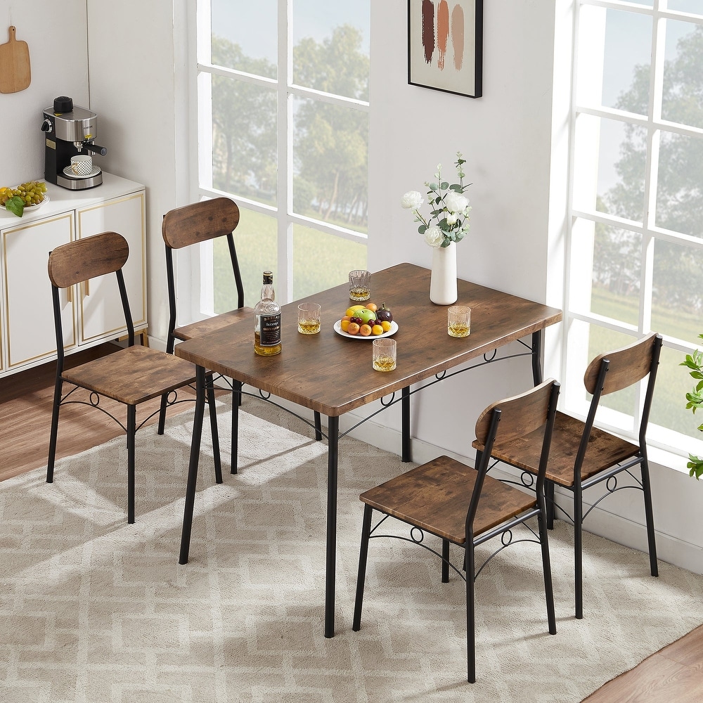 VECELO Dining Table Set  Kitchen Table with 4 Chairs  Metal and Wood Rectangular 5 Piece Dining Table