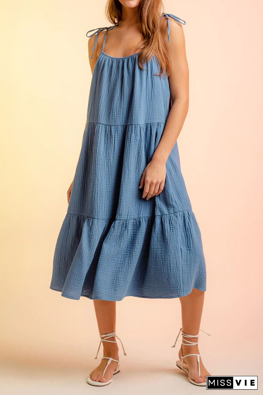 Plain Tie Cami Strap Tiered Midi Dress