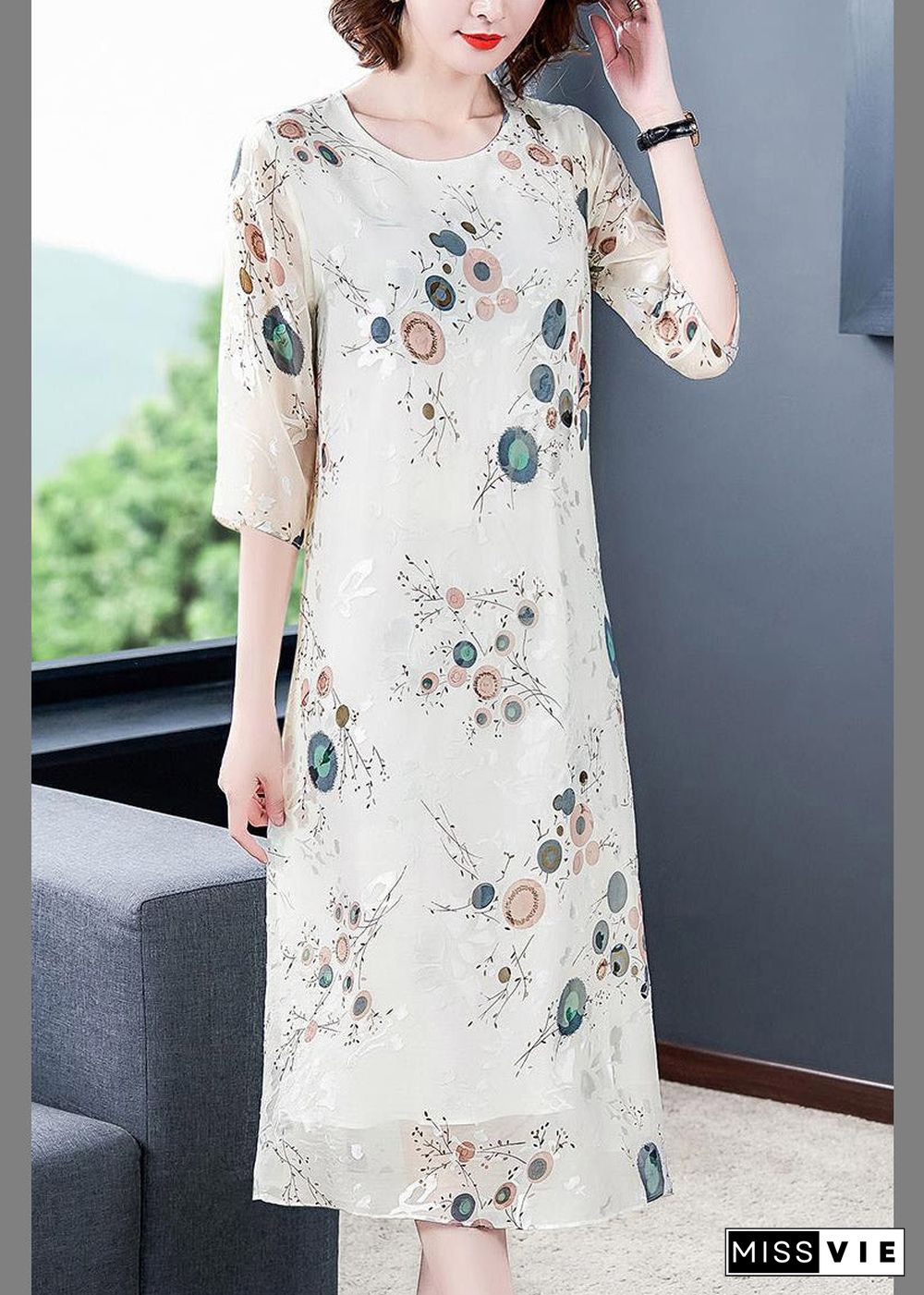 Loose White O-Neck Print Silk Holiday Dress Half Sleeve