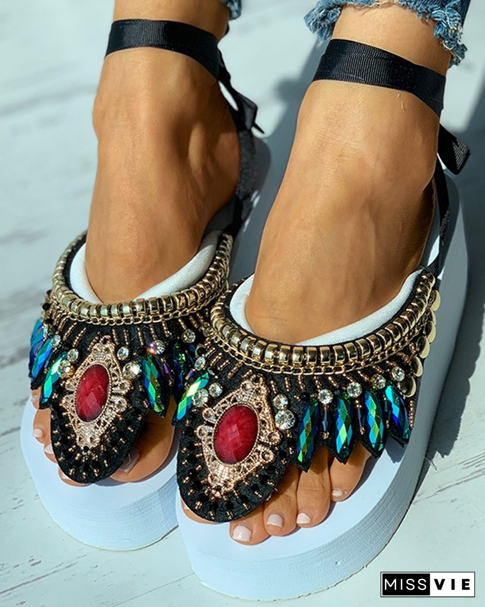 Studded Rhinestone Toe Post Wedge Sandals