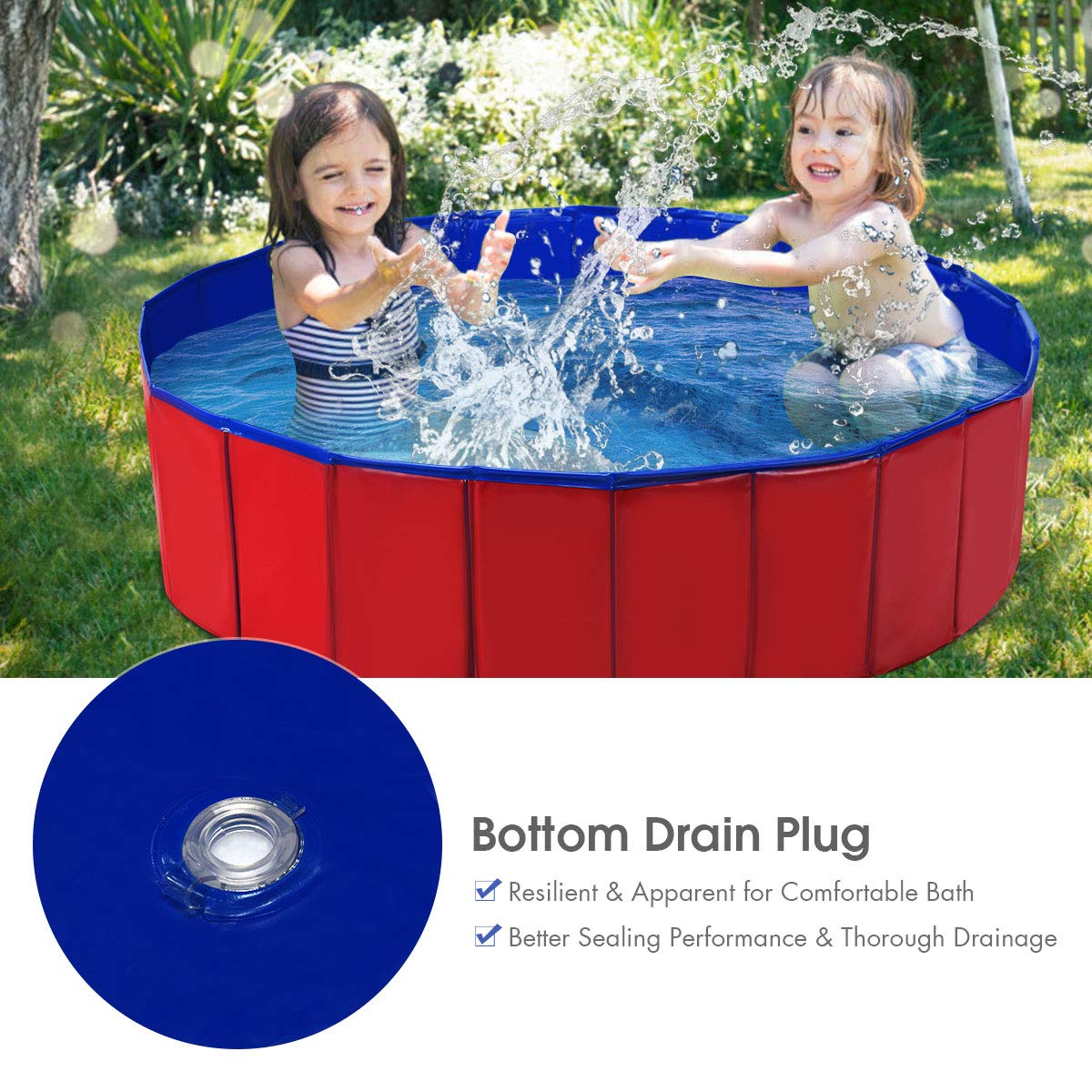 Costzon Foldable Swimming Pool for Kids, 48'' x 12'' Collapsible Bathing Tub w/ Bottom Drain Plug