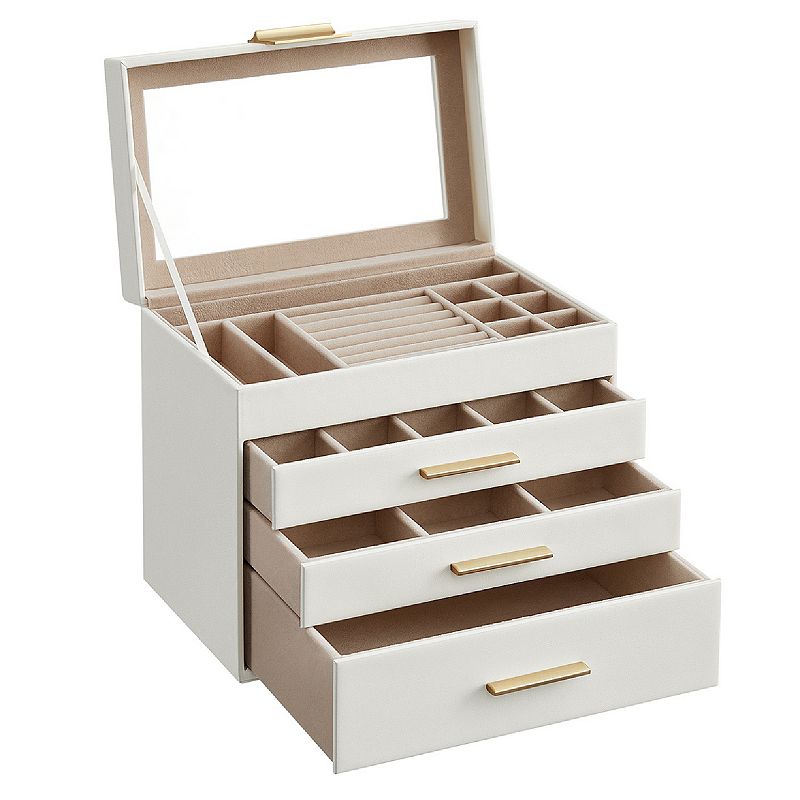 Jewelry Box with Glass Lid， 4-Layer Jewelry Organizer， 3 Drawers， for Sunglasses， Big Jewelry