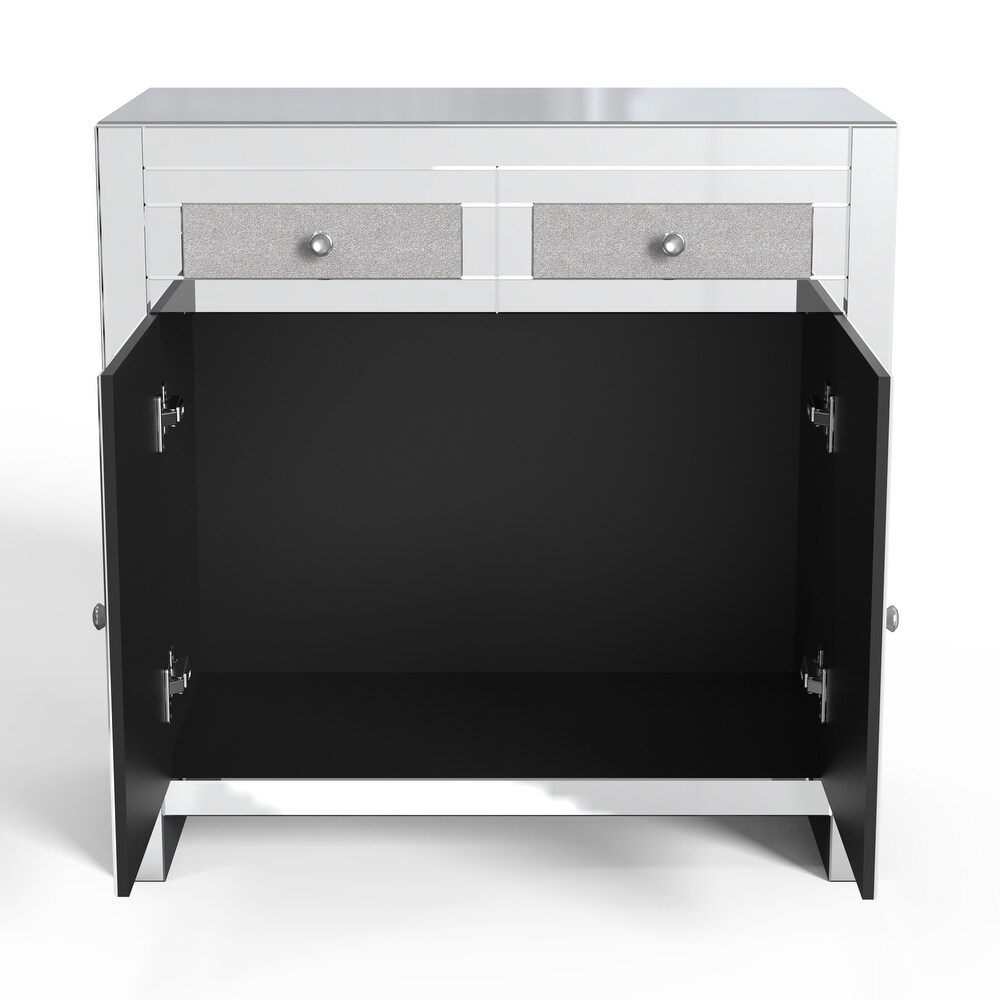 Mirrored Accent Cabinet  Silver TV Console Cabinet Modern Glass Sideboard with 2 Drawers   2 Cabinets