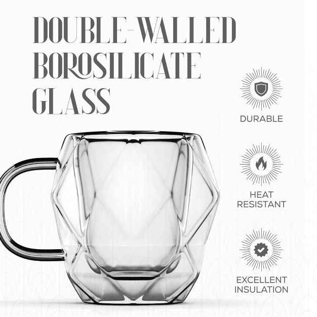 Elle Decor Insulated Coffee Mug Set Of 2 Double Wall Diamond Shaped Glasses Tea Cups Glass Coffee Mugs Clear