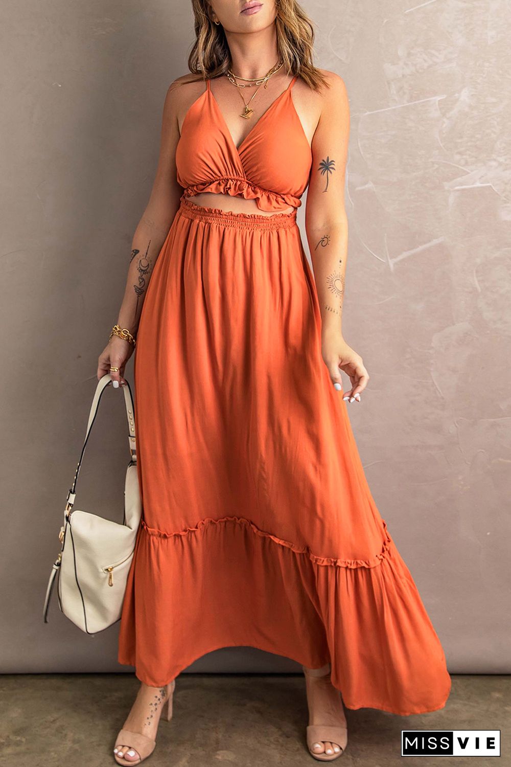 Orange Ruffled Cut-out Spaghetti Strap Sleeveless Long Dress