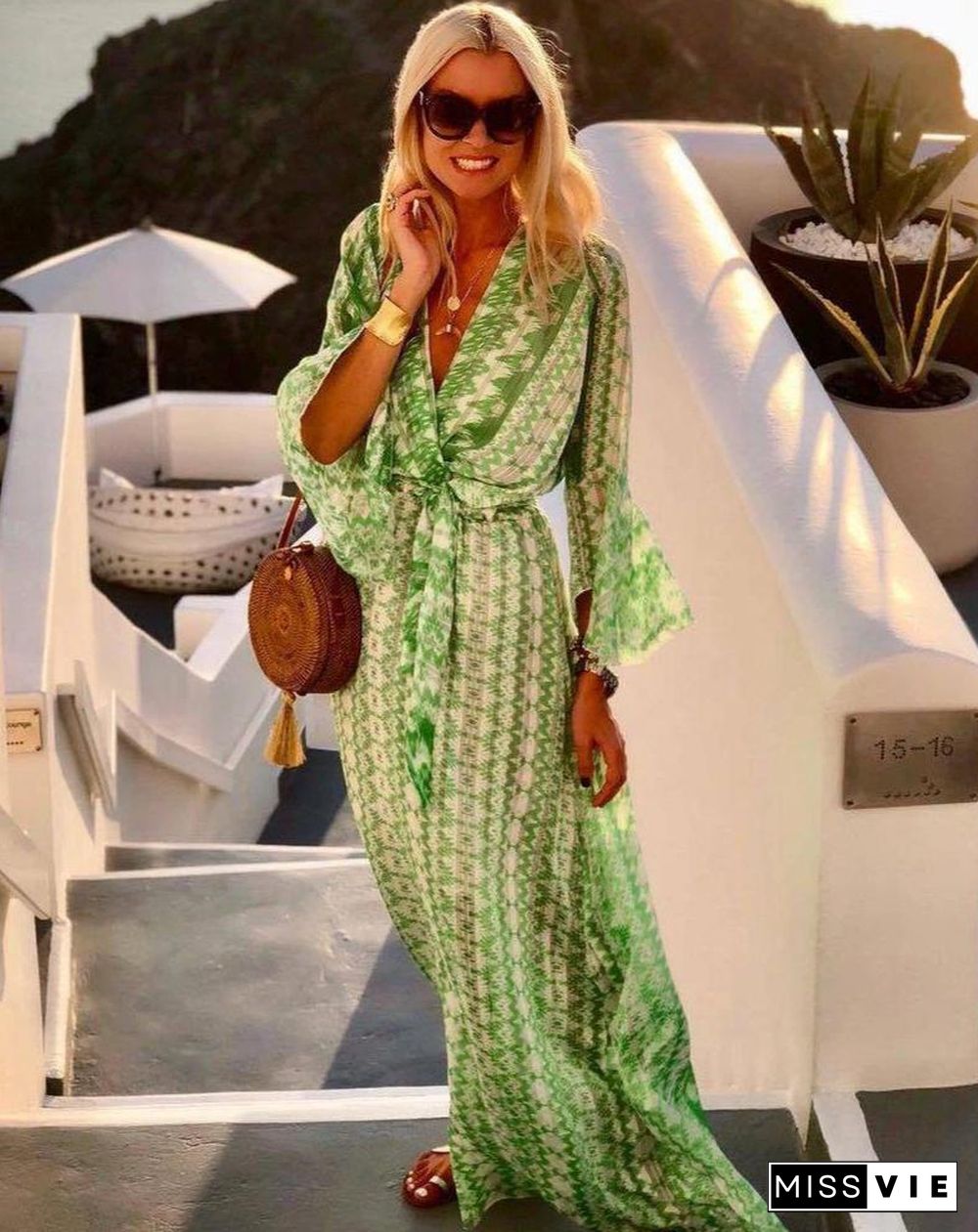 Glamorous Green V-Neck 3/4 Sleeve Printed Maxi Vacation Dress