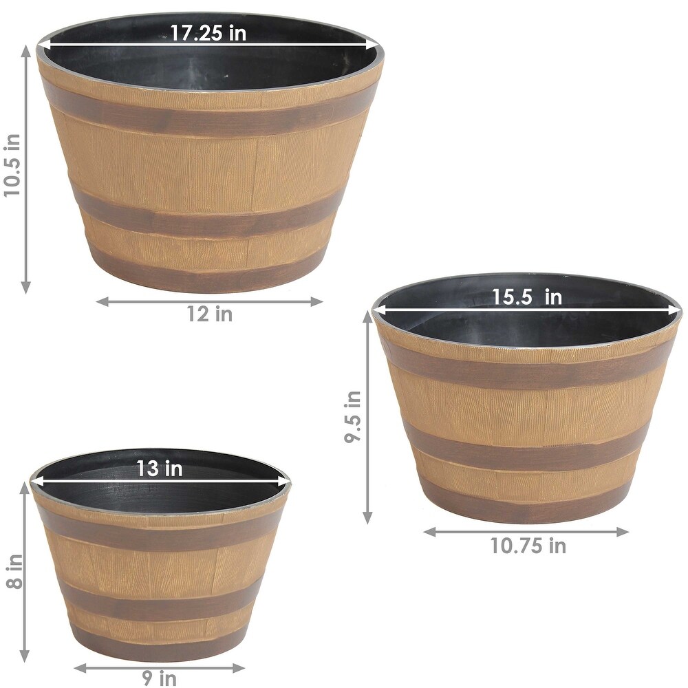 Sunnydaze Resin Rustic Cask Outdoor Planter   Set of 3   BrownBrown