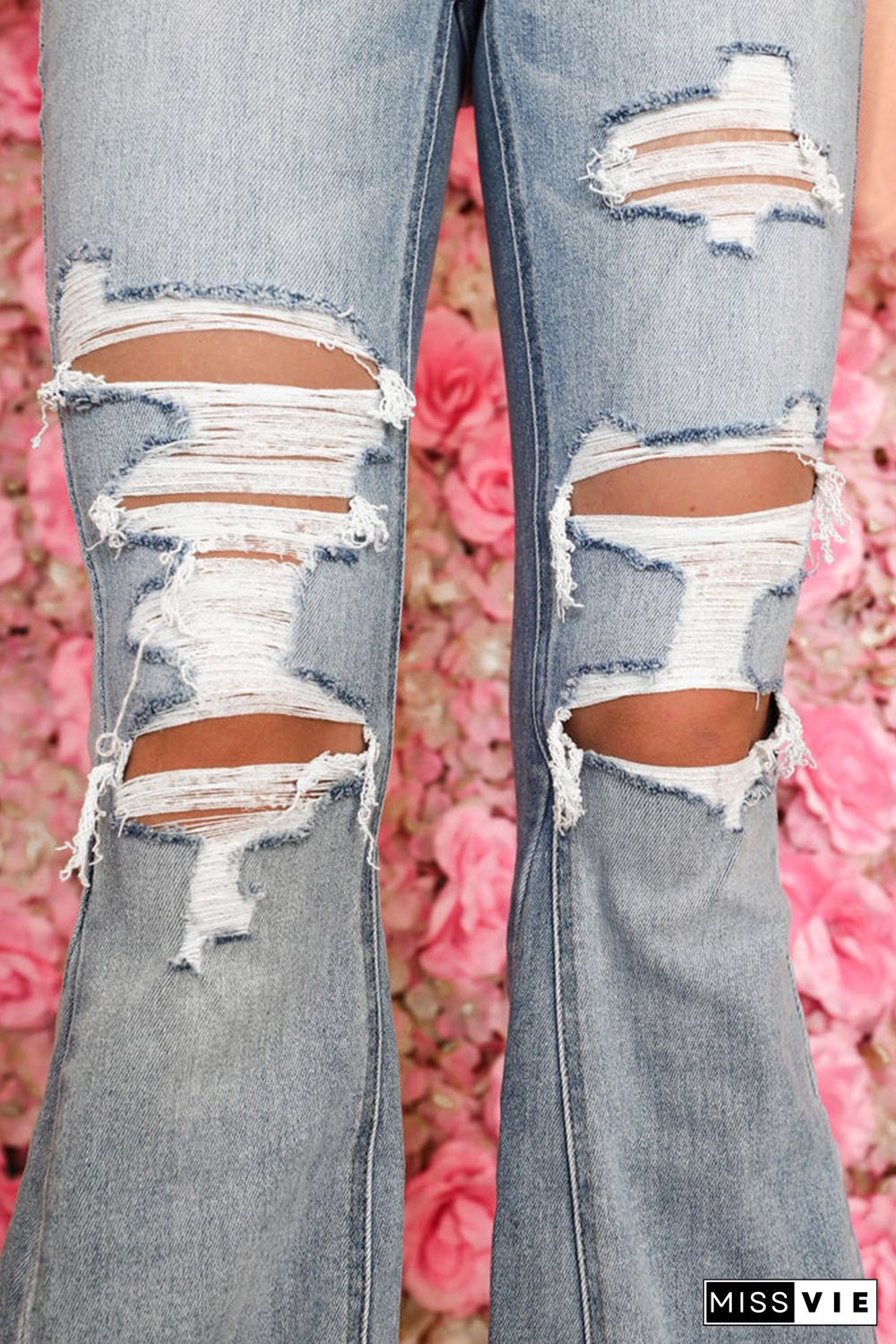 Sky Blue Light Wash Distressed High Rise Flare Jeans