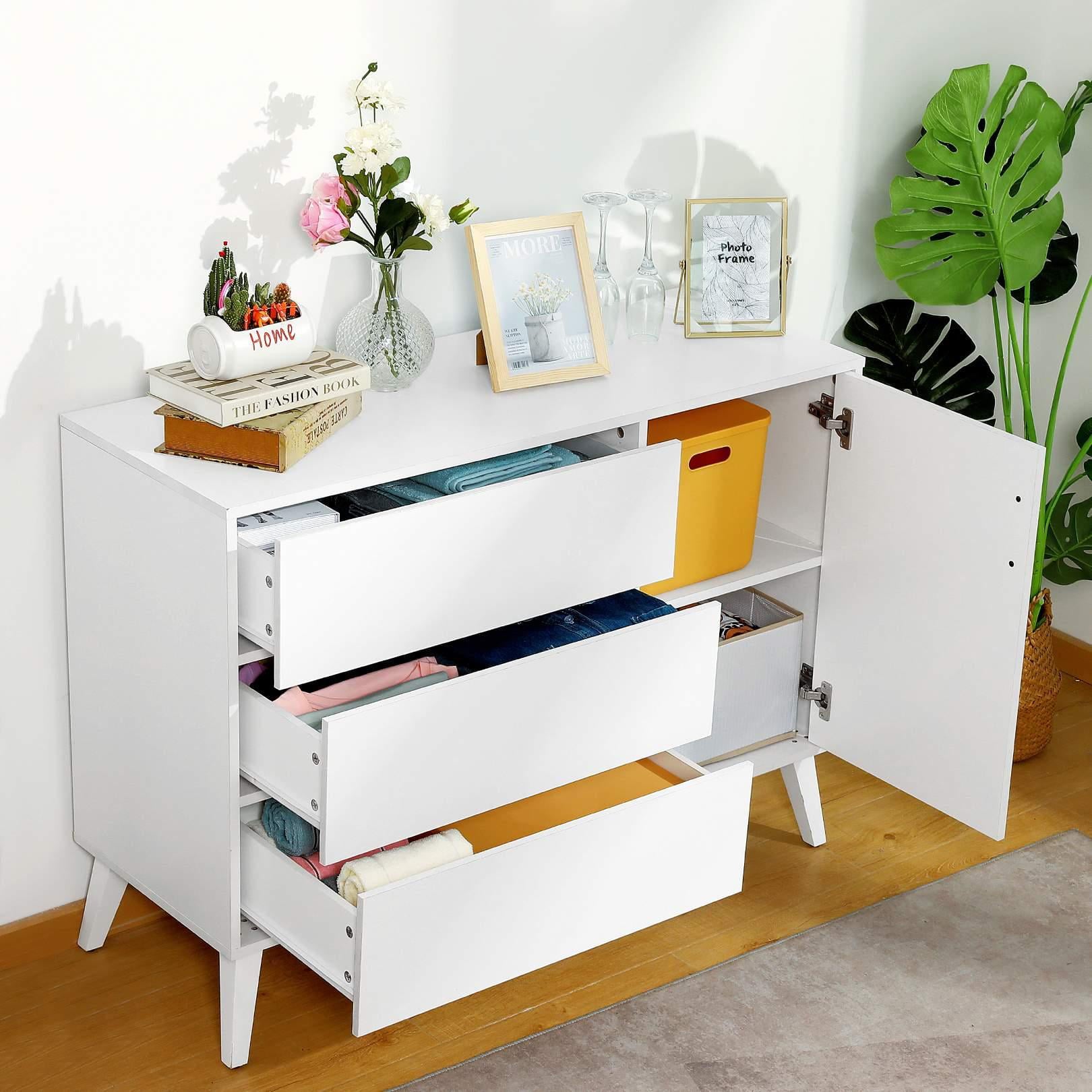 SEJOV 3-Drawer Horizontal Dresser with door for Living Room, Bedroom, Home Office,White