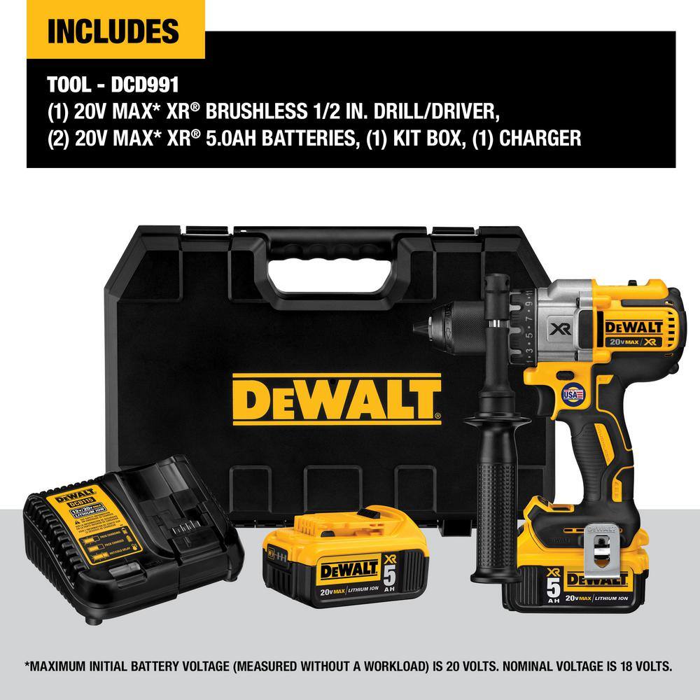 DW 20V MAX XR Cordless Brushless 3-Speed 12 in. DrillDriver with (2) 20V 5.0Ah Batteries and Charger DCD991P2