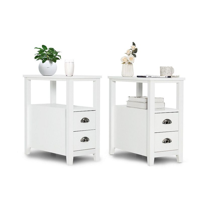 Set Of 2 End Table Wooden With 2 Drawer and Shelf Bedside Table