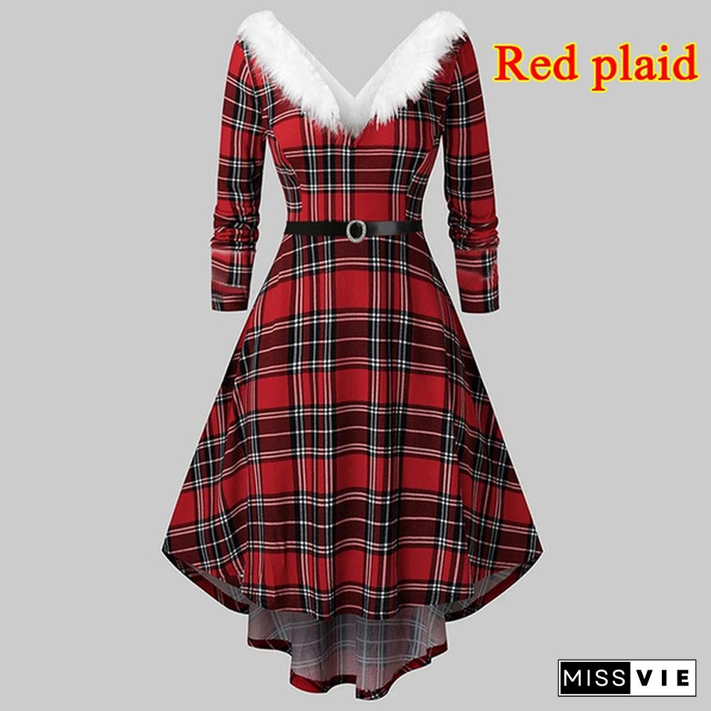 Women's Christmas White Furry V-Neck Irregular Hem Dress Long Sleeve Autumn Winter Plaid Xams Party Dress