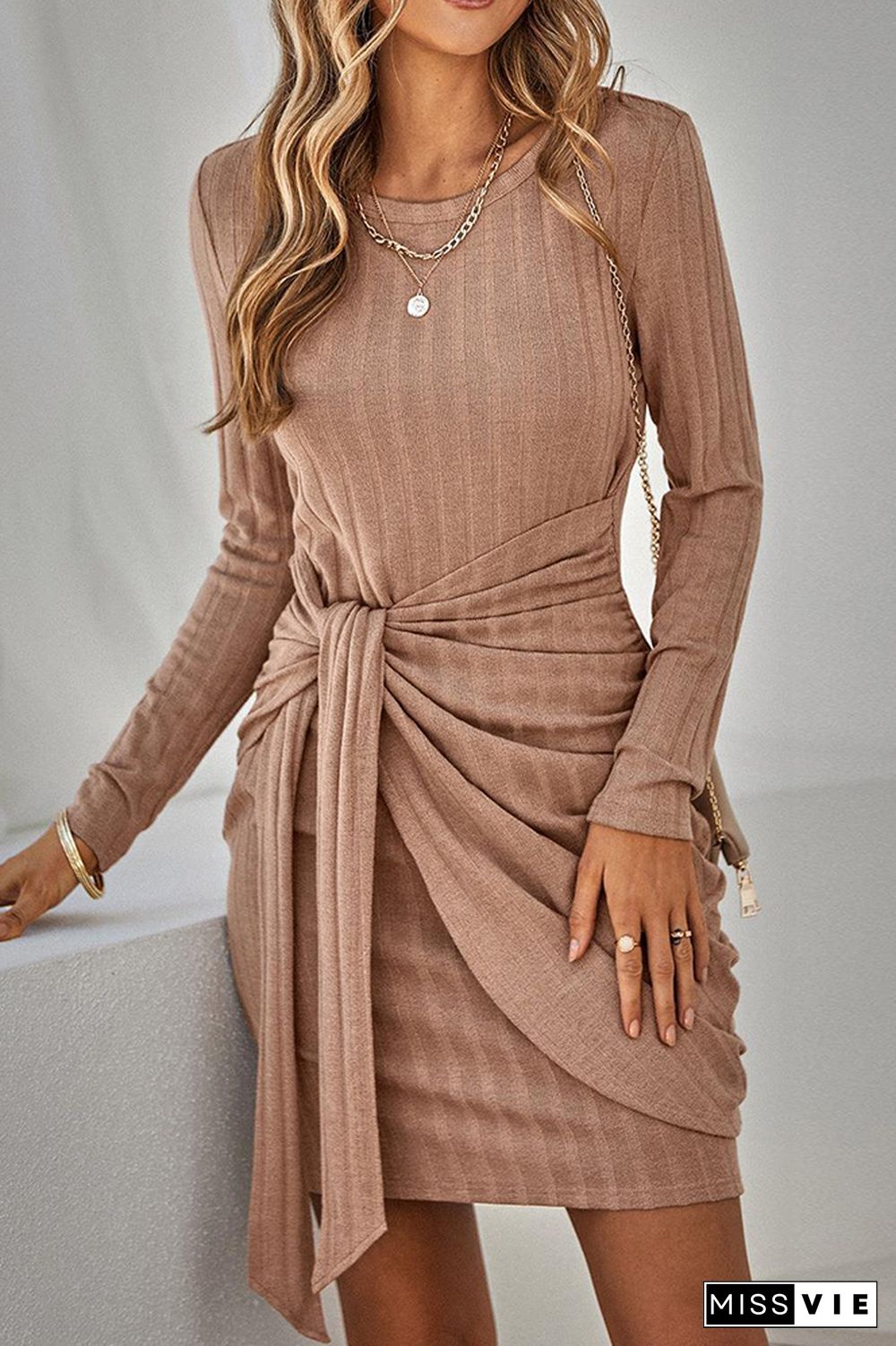 Plain Long Sleeve Ribbed Tiwst Knot Mini Dress