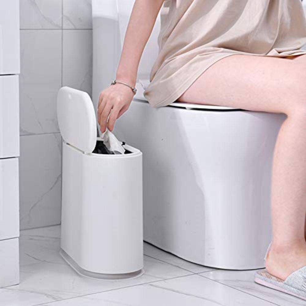 Dracelo 10 Liter Rectangular Plastic Trash Can Wastebasket with Press Type Lid in Cream White B07XWD9PD7