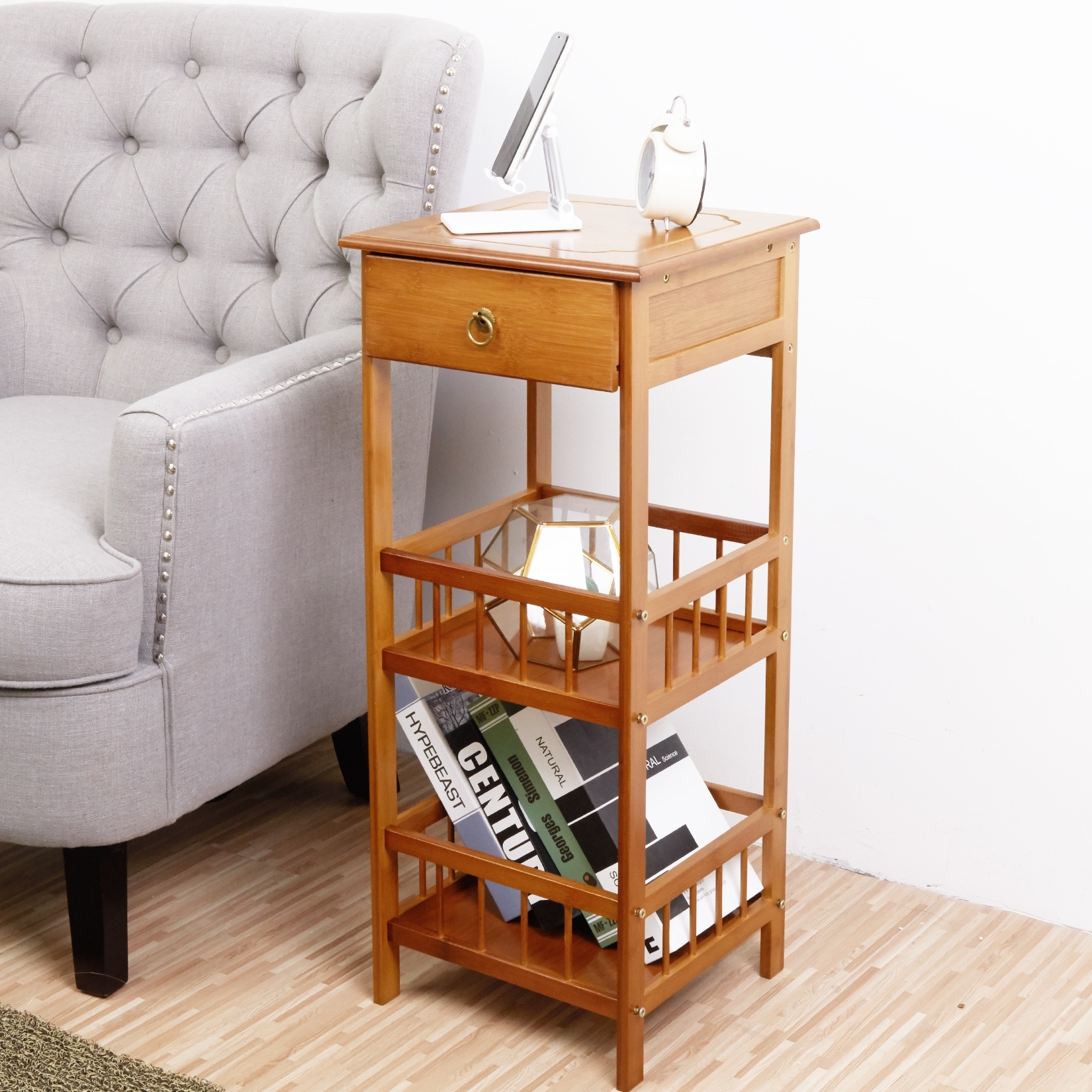 Bamboo End Side Table Nightstand with 1 Drawer