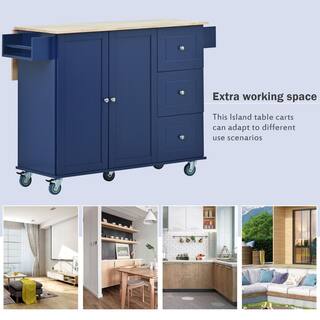 Runesay Dark Blue Solid Rubber Wood Drop Leaf Breakfast Bar 52.7 in. Rolling Mobile Kitchen Island with Spice and Towel Rack KIDBE5241