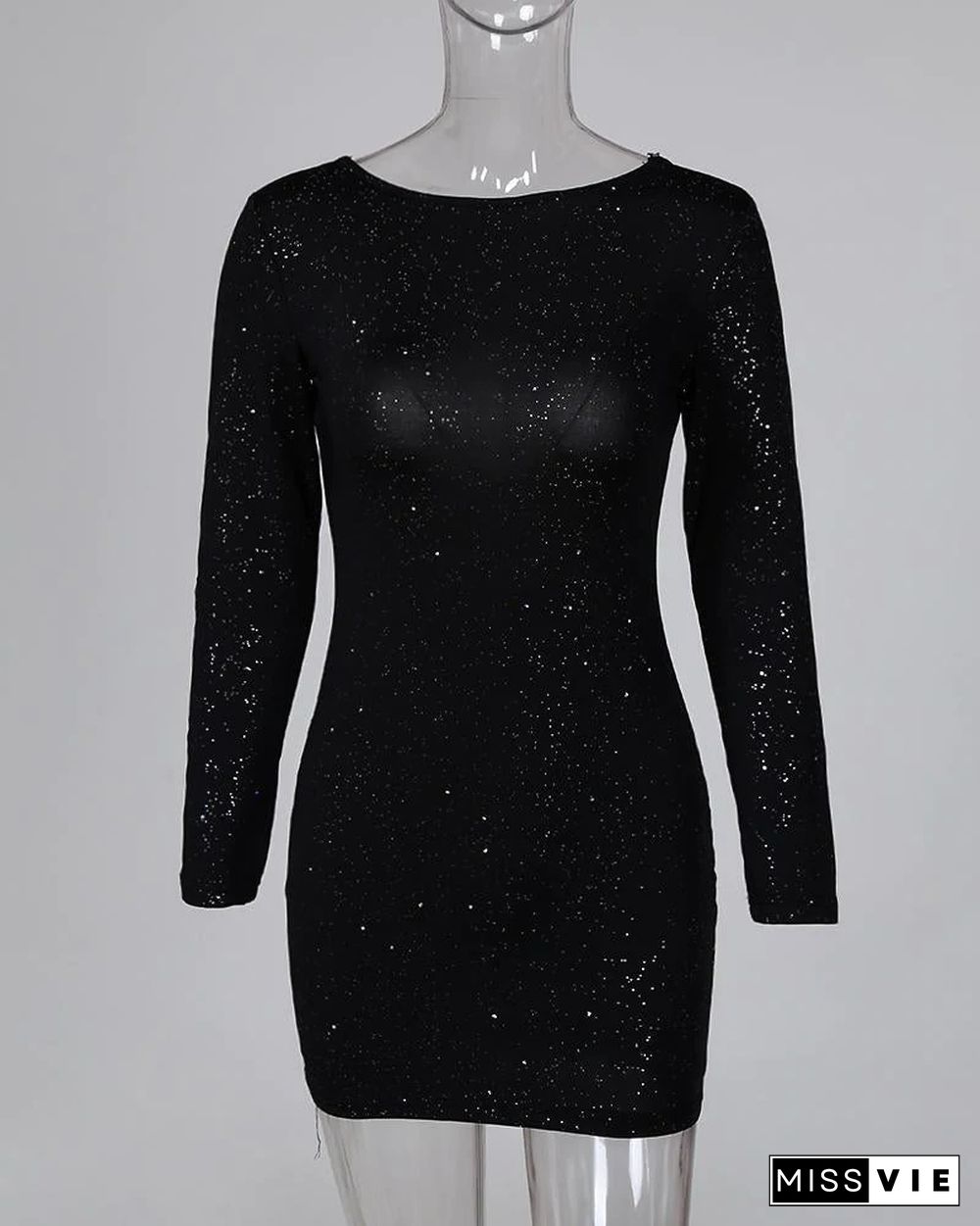 Glitter Open Back Crisscross Long Sleeve Bodycon Dress Black Dresses