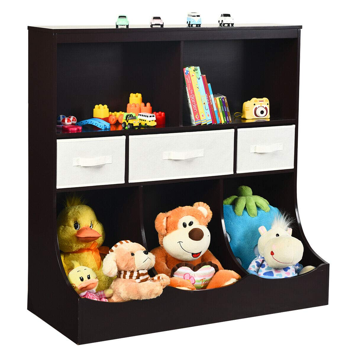 3-Tier Kids Bookcase Toddler Storage Organizer Cabinet Shelf w/ 8 Compartment Box and 3 Removable Drawers for Children