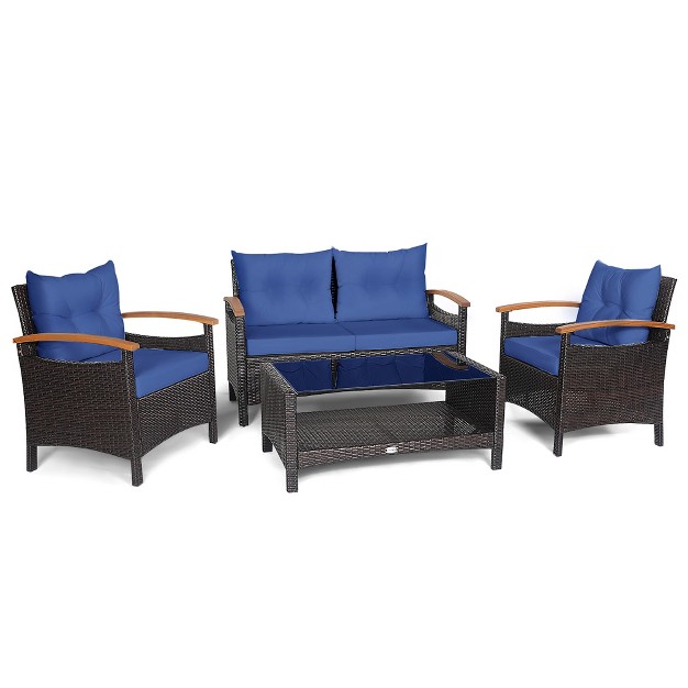 Costway 4pcs Patio Rattan Furniture Set Cushioned Sofa Storage Table Off