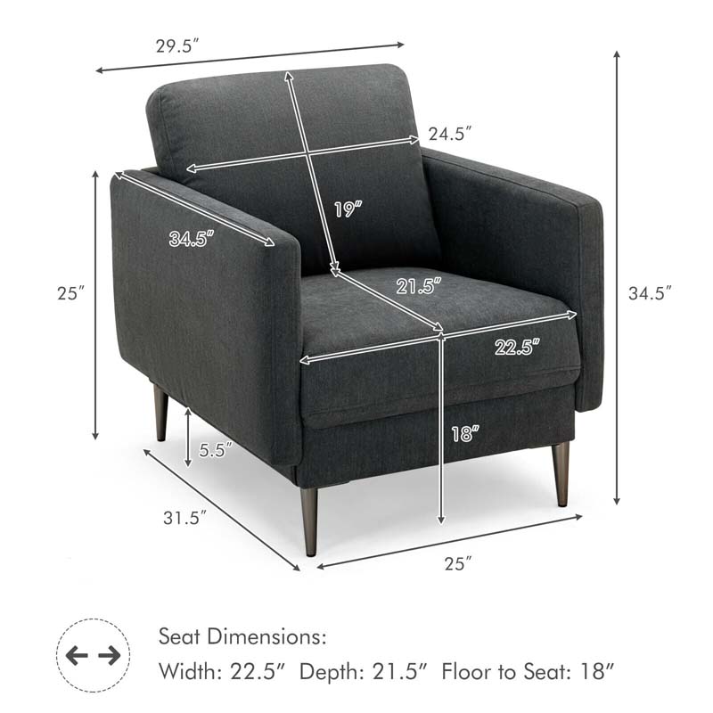 Modern Accent Chair Upholstered Armchair Single Sofa Couch with Removable Cushions & Solid Metal Legs