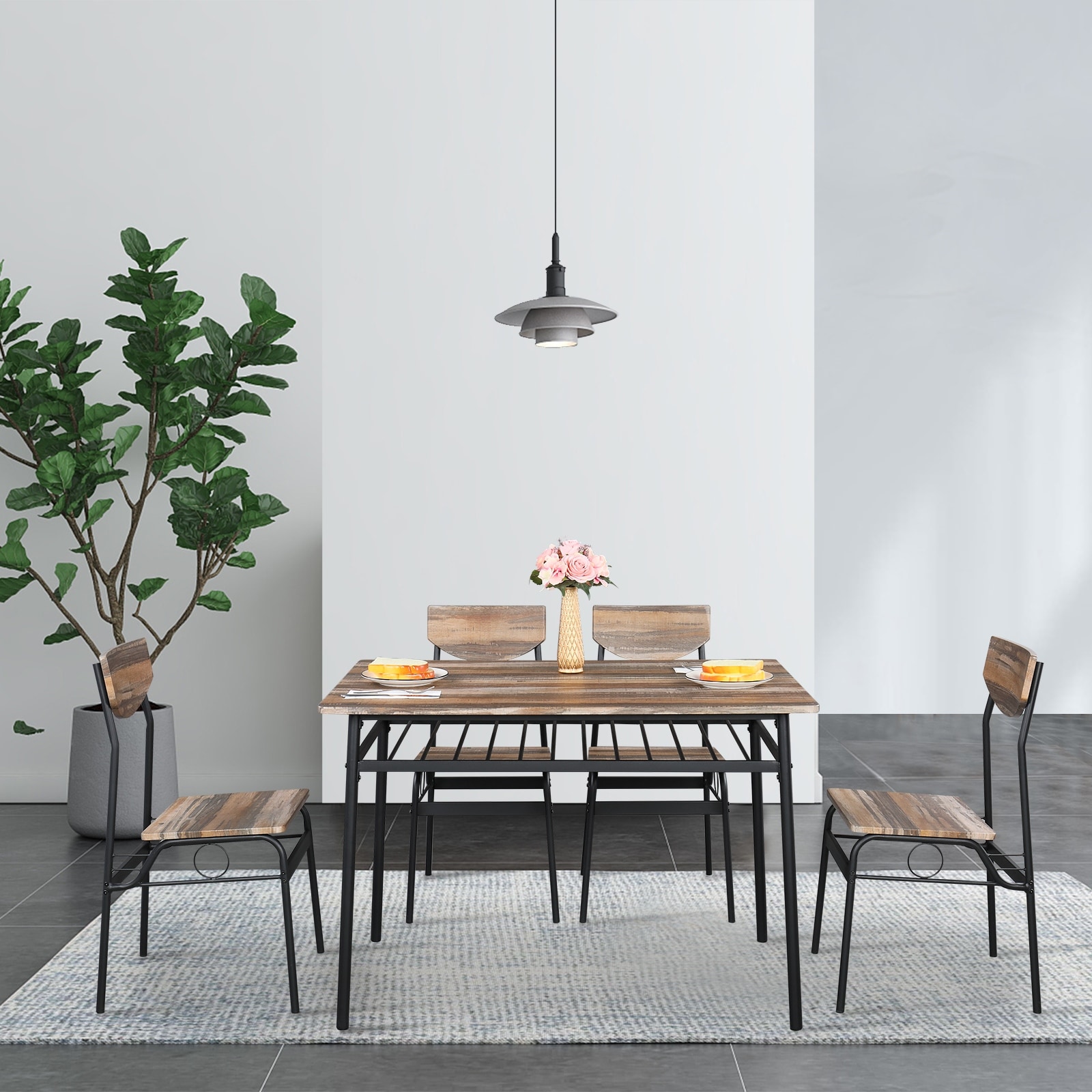 1 Dining Table and 4 Chairs Set， Rectangular Board and Iron Frame -  - 34845106