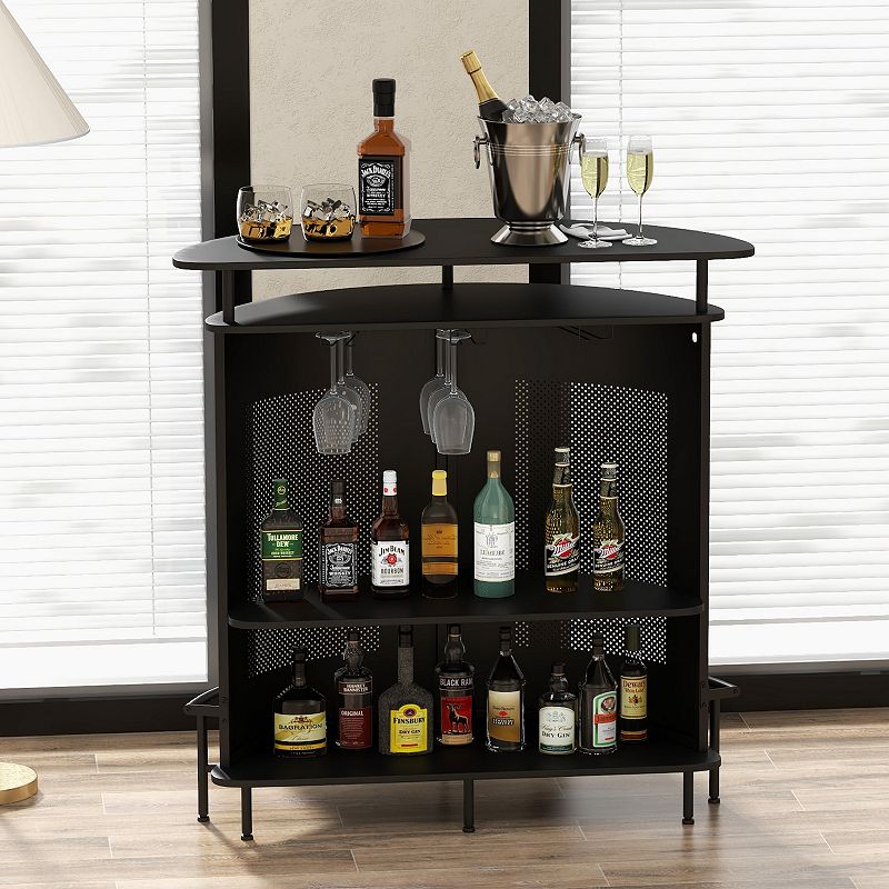 4-Tier Liquor Bar Table with 3 Glass Holders and Storage Shelves-Black