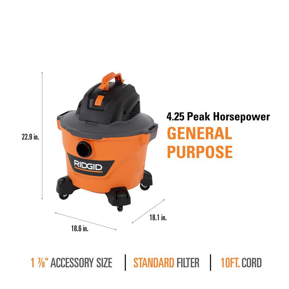 RIDGID 9 Gallon 4.25 Peak HP NXT WetDry Shop Vacuum with Filter Locking Hose and Accessories HD09001