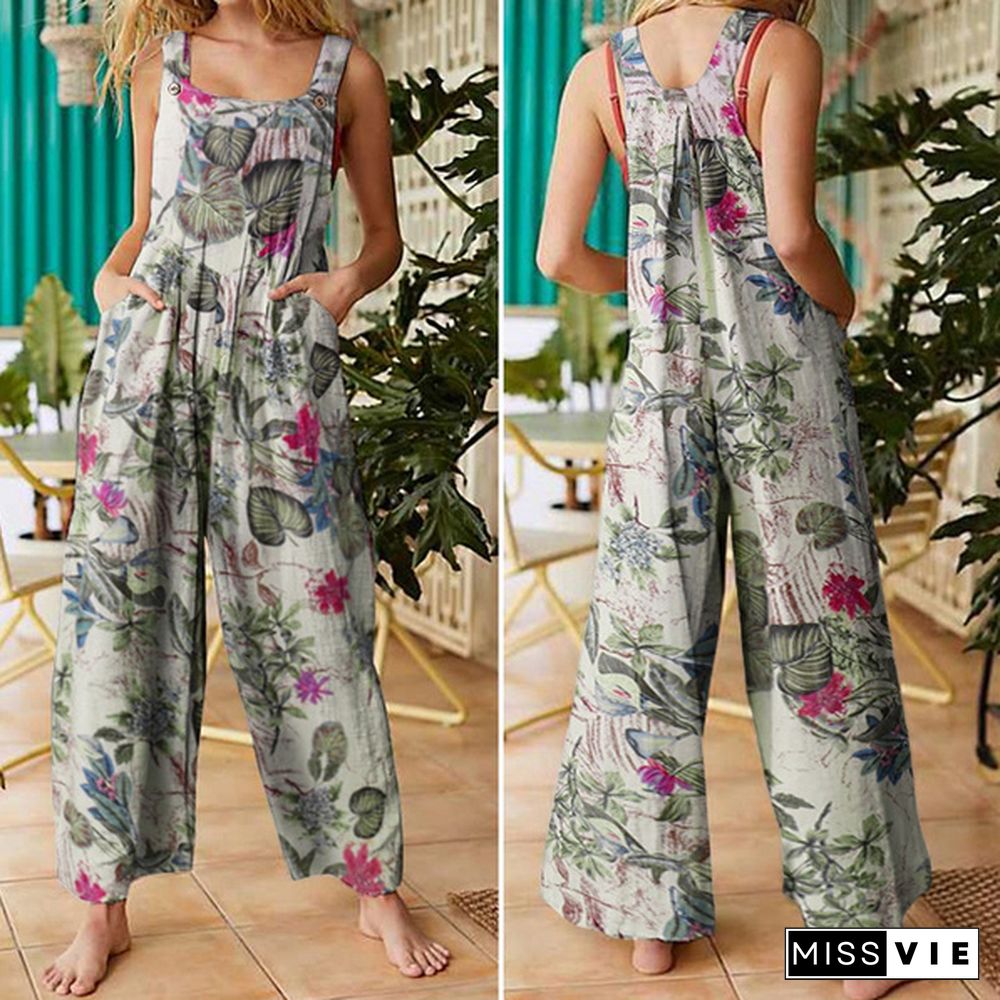 VONDA Women Floral Print Wide Leg Bib Overalls Long Trousers Summer Sleeveless Cotton Jumpsuits Rompers Plus Size Pantalon femme