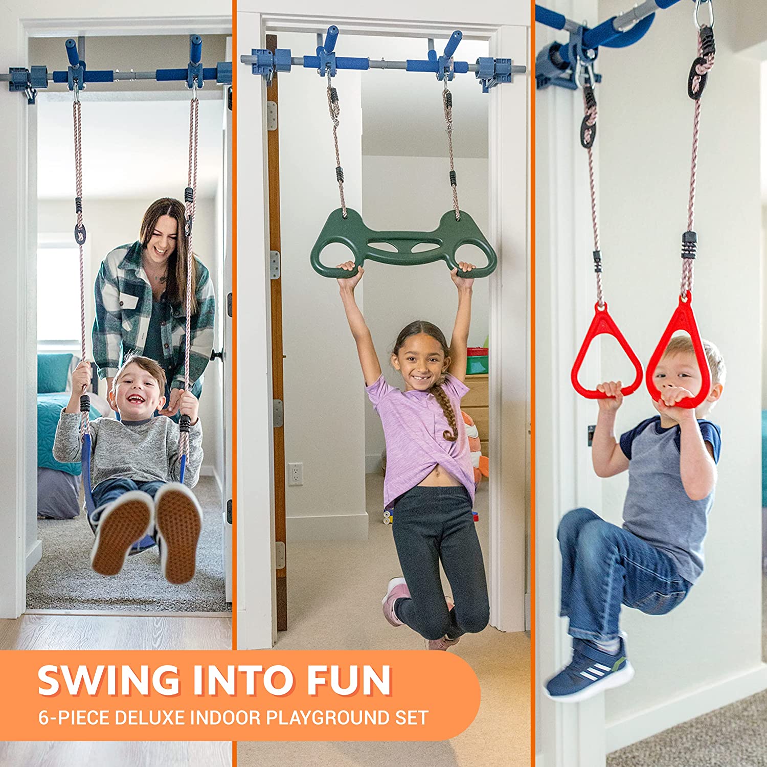 6 Piece Indoor Doorway Gym Set for Kids – Indoor Swing for Kids Includes Kids Swing Chair, Rings, Hanging Trapeze, Ladder, Swinging Rope & Pullup Bar