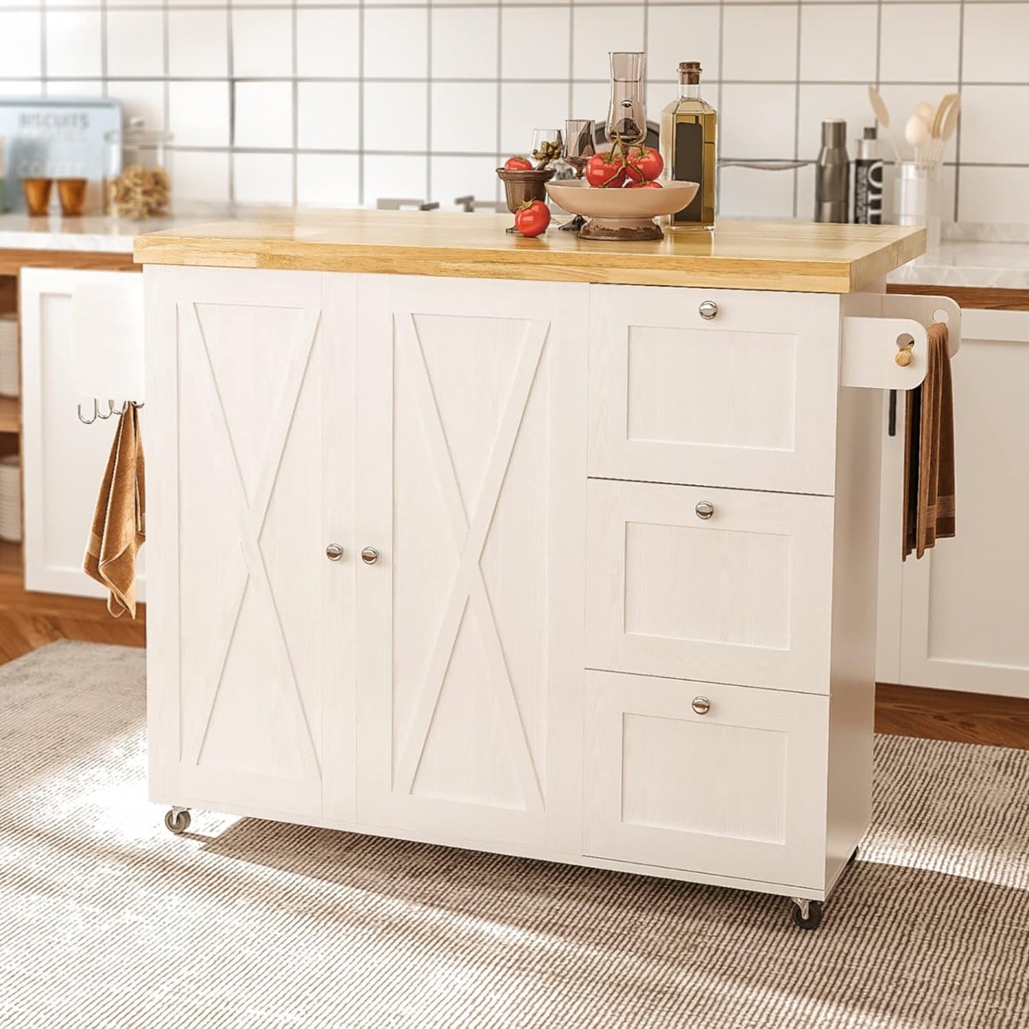 Rolling Kitchen Island with Storage Cabinets, Kitchen Cart with Folding Drop Leaf, Suitable for Kitchen and Dining Room