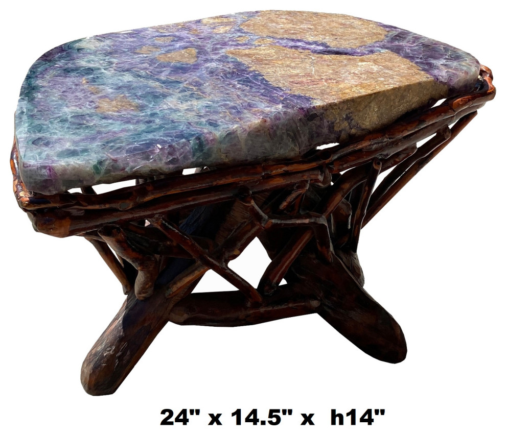 Crystal Jade Stone Top Bamboo Wood Stick Base Accent Stool Stand Table Hcs6164   Asian   Side Tables And End Tables   by Golden Lotus Antiques  Houzz