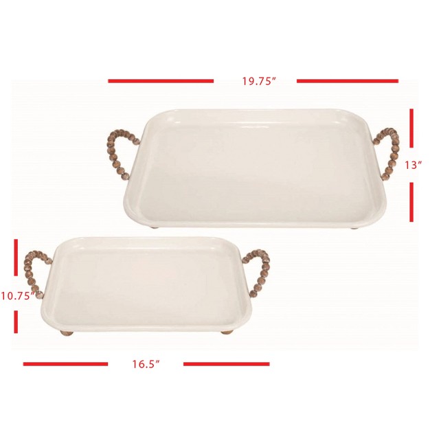 Set Of 2 White Enamel Decorative Trays With Wood Bead Handles Foreside Home amp Garden