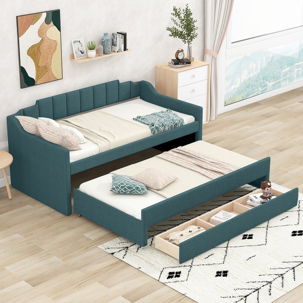 Twin Size Upholstered Daybed with Trundle   Drawers  Green