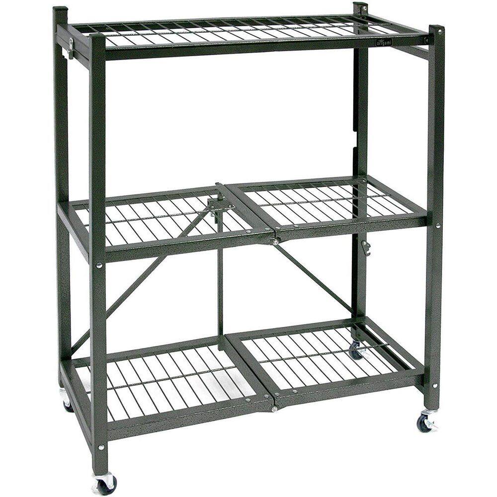 Origami Metal 35.4 x 13.3 x 28.75 in. R3 General Purpose Foldable 3-Tiered Shelf Storage Rack  Wheels Pewter R3-01W