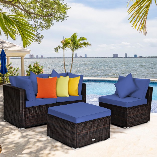 Costway 4pcs Patio Rattan Furniture Set Sofa Ottoman Cushion Garden Deck Navy