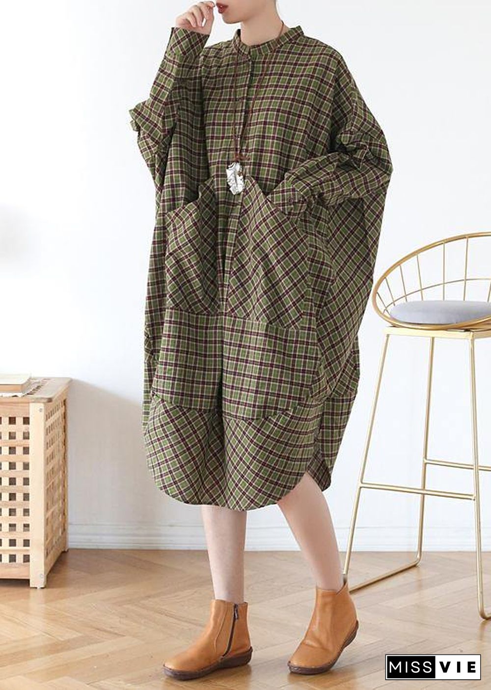 Women Green Plaid Long Shirt Mid Spring Cotton Dress