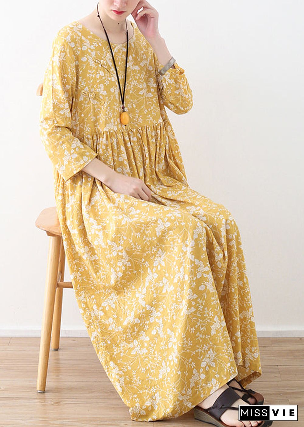 Original Yellow O-Neck Wrinkled Print Loose Dresses Three Quarter sleeve