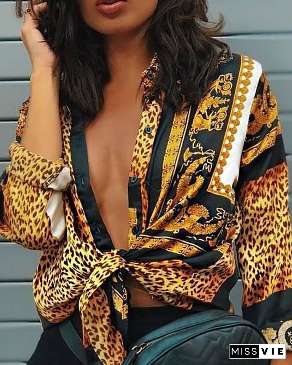 Leopard Print Knot Front Long Sleeve Blouse